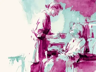 Aquarell: Eine Haushaltshilfe reicht einer älteren Dame eine Tasse Tee im Wohnzimmer.