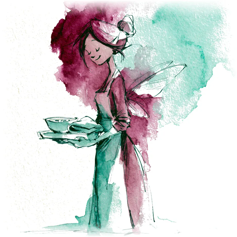 Aquarell: Eine Alltagsfee bringt fürsorglich Unterstützung bei Krankheit.