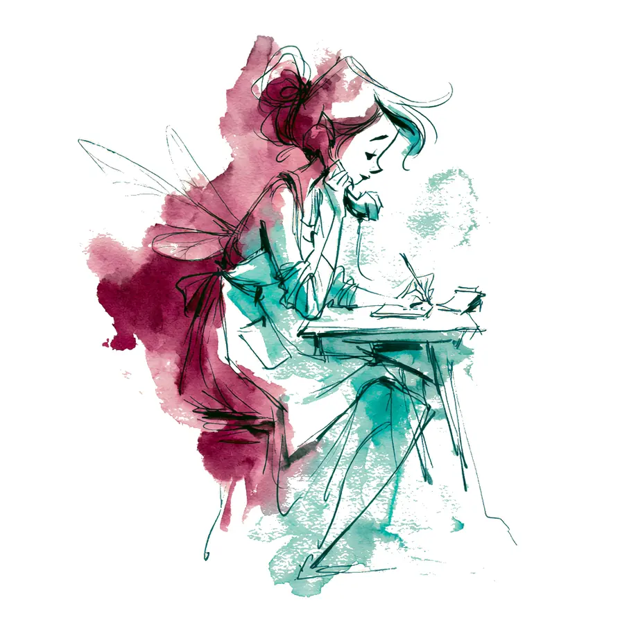 Aquarell: Eine Alltagsfee sitzt am Schreibtisch und schreibt aufmerksam Notizen.