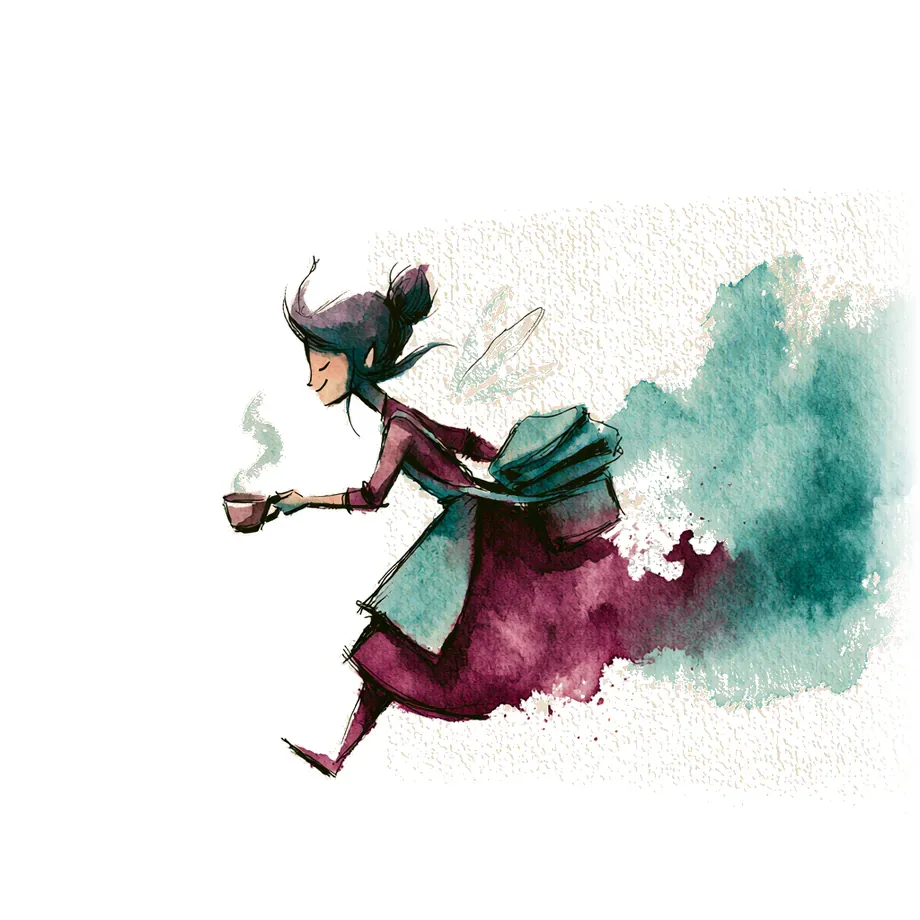 Aquarell: Eine Alltagsfee bringt fürsorglich eine dampfende Tasse Tee und frische Wäsche.