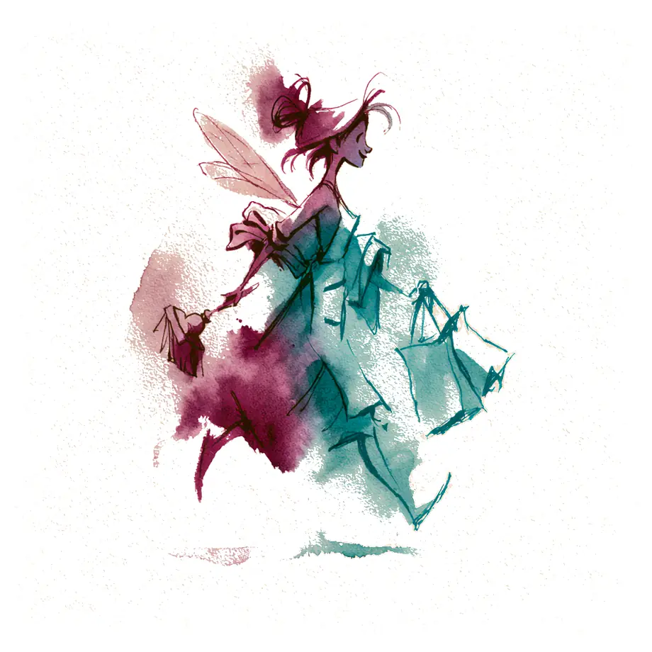 Aquarell: Eine Alltagsfee beim Putzen, konzentriert und fürsorglich.