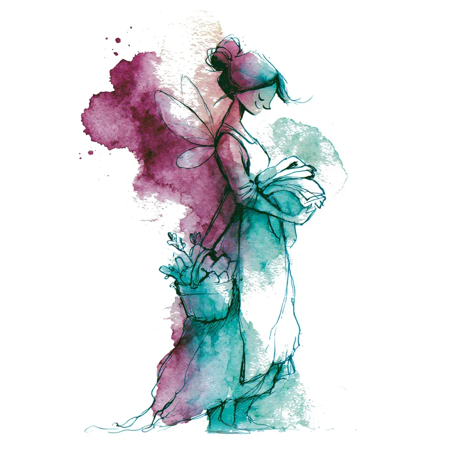 Aquarell: Eine Alltagsfee kümmert sich fürsorglich um den Haushalt nach einer Operation.