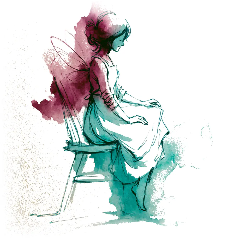 Aquarell: Eine Alltagsfee beim sorgfältigen Falten von Wäsche.