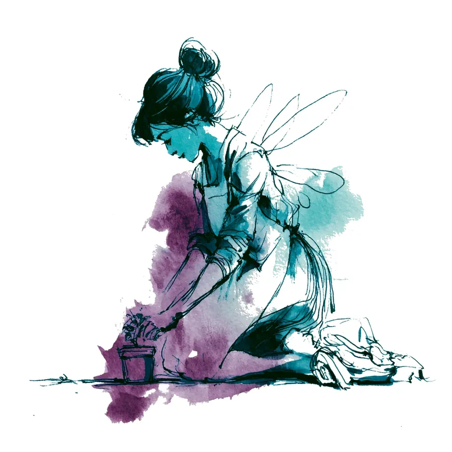 Aquarell: Eine Alltagsfee kümmert sich behutsam und fürsorglich um frische Wäsche.