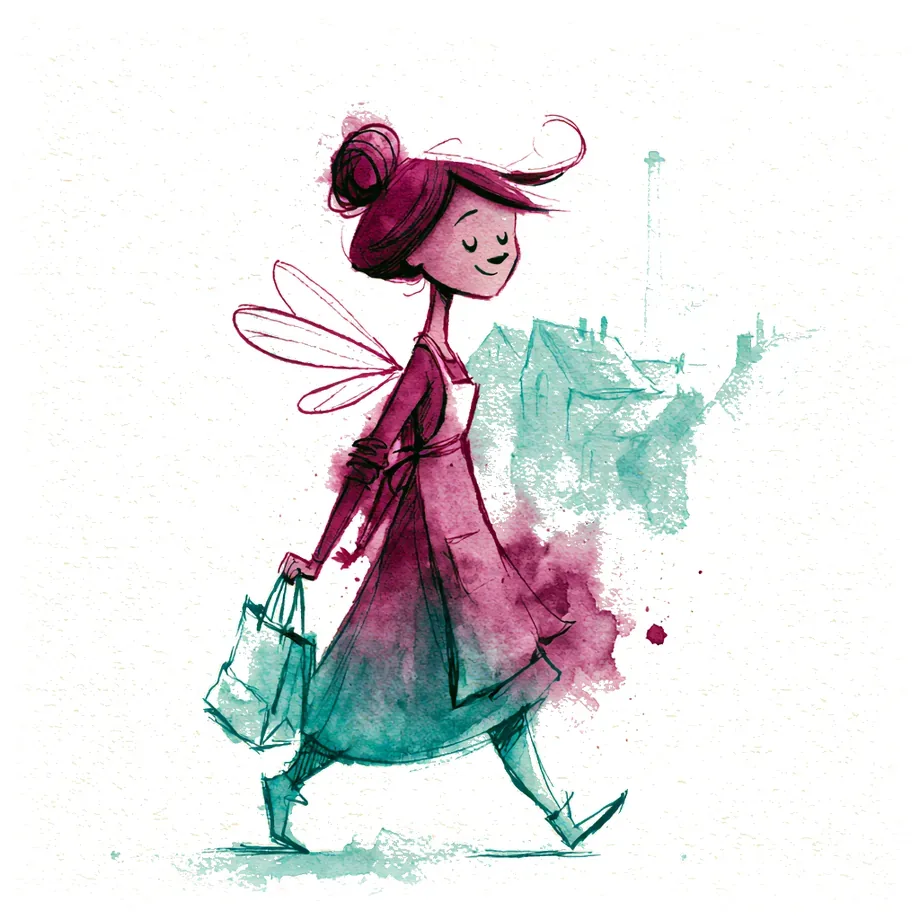 Aquarell: Eine Alltagsfee unterwegs mit Einkaufstasche.