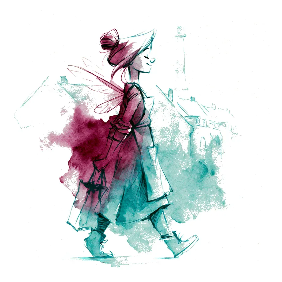 Aquarell: Eine Alltagsfee kommt in die Nachbarschaft, im Hintergrund angedeutete Häuser.