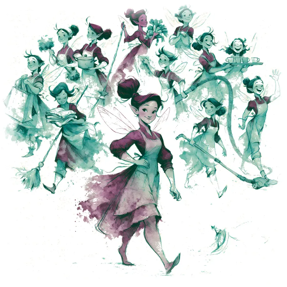 Aquarell: Das Alltagsfee-Team, elf Feen mit Putzlappen, Einkaufstasche, Besen und mehr.